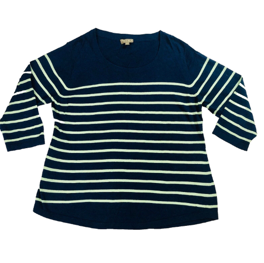 Patra Organic Cotton Navy Blue & Pale Yellow Striped 3/4 Sleeve Top Size Medium