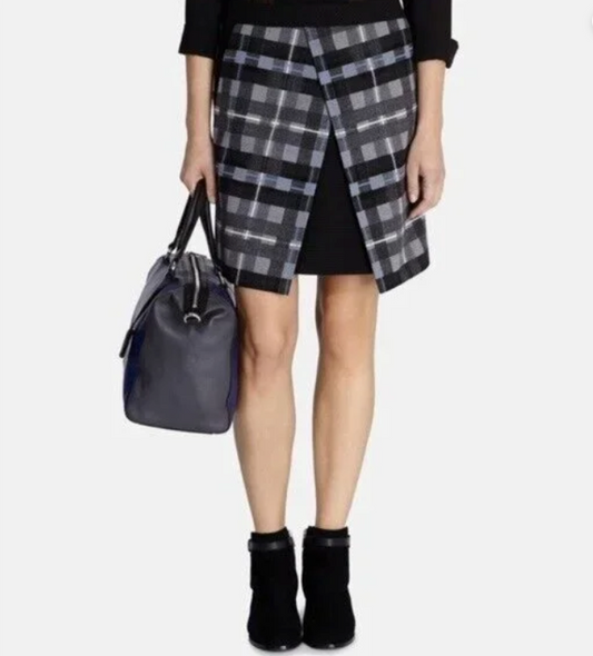Karen Millen Skirt Black Gray Blue Plaid Split Front Check Tartan UK 6 RRP £150