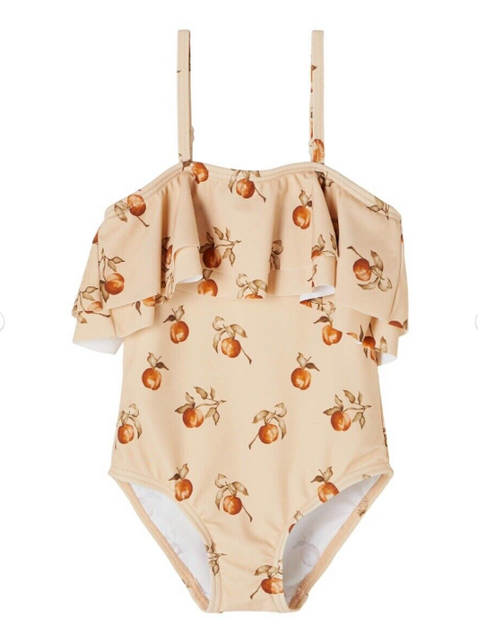 Lil' Atelier Girls Swimming Costume Age 12-18 Months - Adorable Peach Print Ruffle Swimsuit