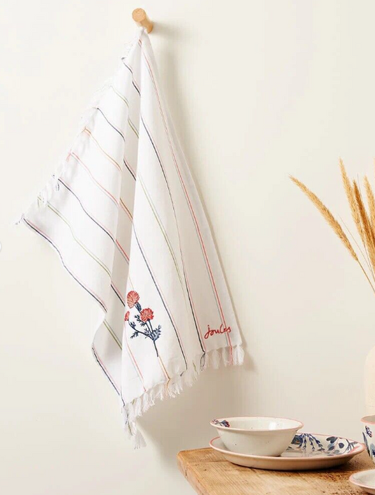Joules Set Of 2 New Country Cottage Woven Stripe Tea Towels - Embroidered Floral Design