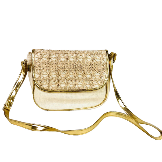 Vintage 1980s Cream & Gold Straw Basket Crochet Crossbody Handbag VGC
