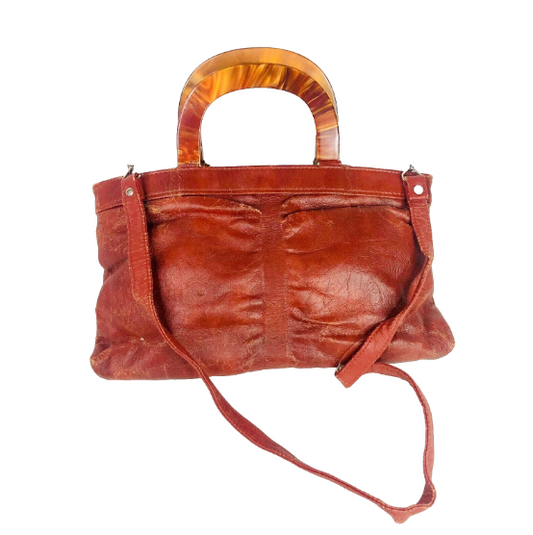 Vintage Tan brown Leather Handbag with Tortoiseshell Handles - Made in Hong Kong