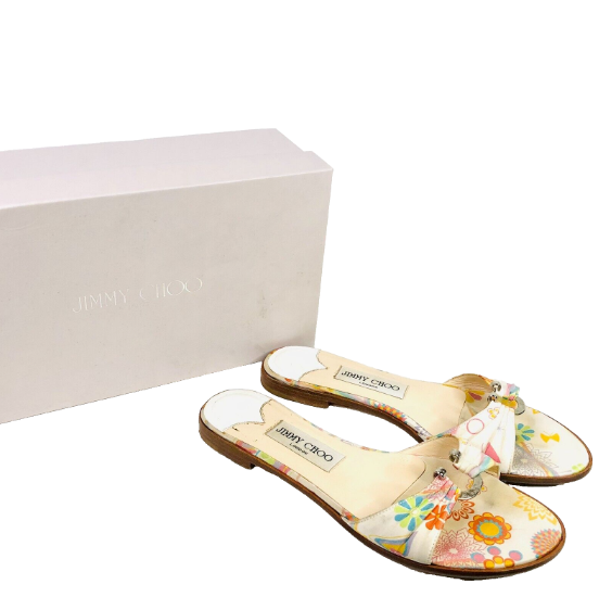 Jimmy Choo Neona White Floral Fabric/Leather Summer Sliders sandals Size 4 (37) - Made in Italy
