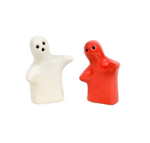 Hugging Love Ghosts Salt & Pepper Cruet Shakers Halloween Red & White Ceramic Novelty
