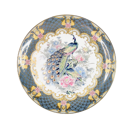 Oriental China Japanese Display Blue Plate Peacock Intricate Gilded Pattern 26cm