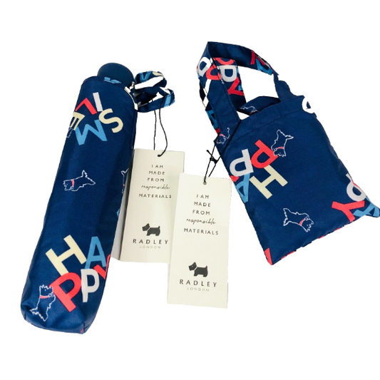 Radley Umbrella & Foldaway Shopper Bag Set Happy & Smile Navy Blue RRP £46 NEW