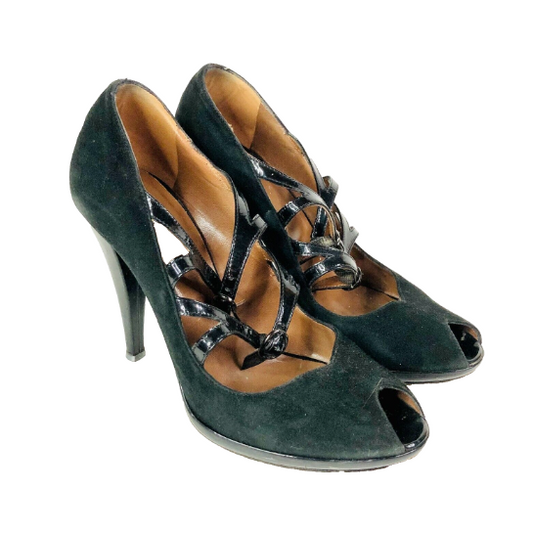 Hobbs Black Suede Peep Toe Court Shoes Patent Leather Straps Size 6 39