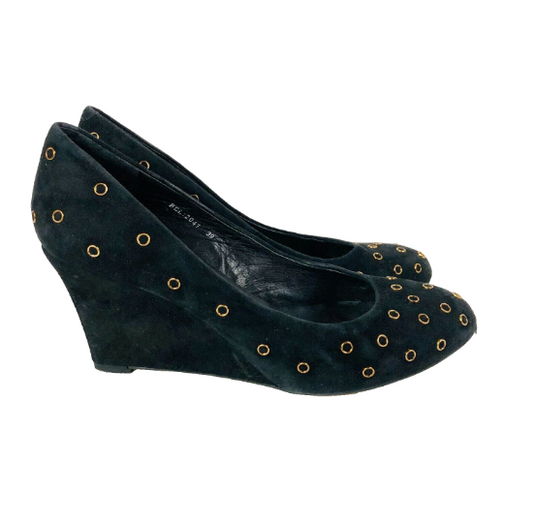 Staccato Black Suede Delicate Wedge Court Shoes W/ Gold Eyelet Size 6 (39)