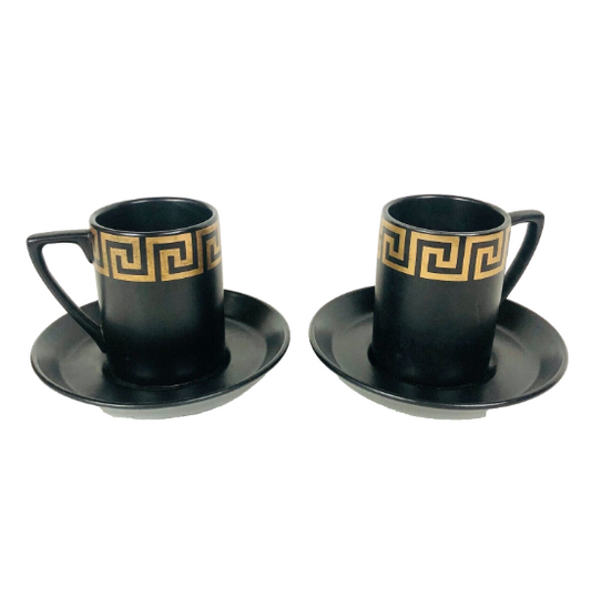 Portmeirion Black/Gold Greek Key 2 Tall Cups & Saucers For Tea/Coffee