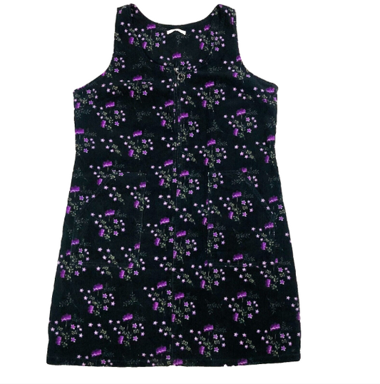 Tu Woman Corduroy Pinafore Dress Purple Floral on Black 100% Cotton Size 14