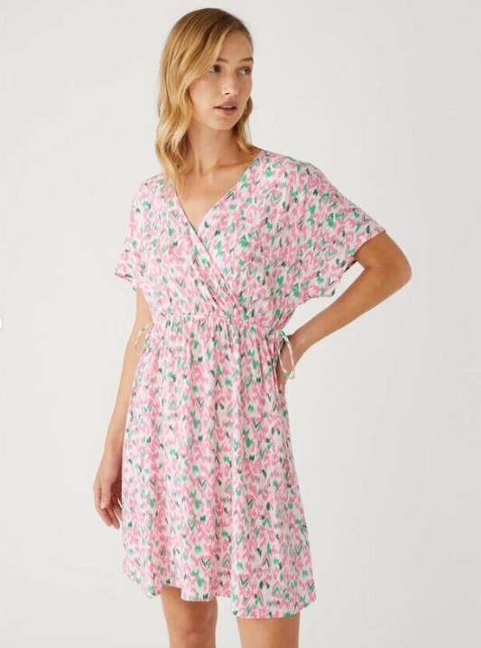 M&S Pink & Green Lightweight V-neck Drawstring Waist Mini Dress Size 12 NEW