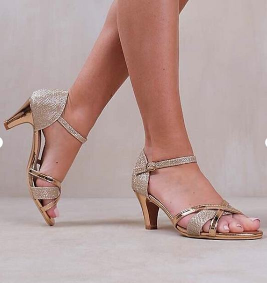 Style Shoes Faux Leather Mid Heel Sandals Rose Gold Champagne Glitter Size 6 NEW
