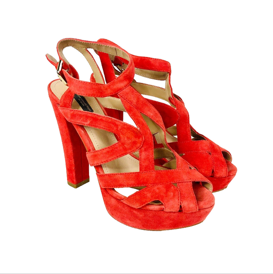 Zara Red Suede Chunky Platform Heel Strappy Heels Size 36 (UK 3.5)