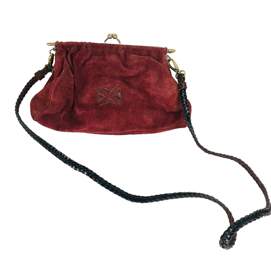Vintage Burgundy Suede Clutch Bag With Detachable Crossbody Strap