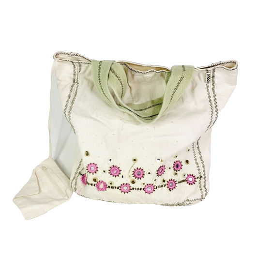 Kookai Y2K Hobo Cream & Pink Embroidered Fabric Canvas Tote Bag & Purse