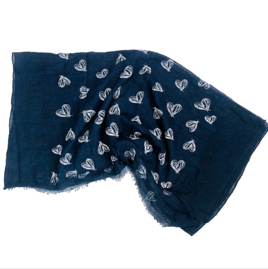 Navy Blue & White Illustration Hearts Lightweight Scarf Shawl 84 X 174cm