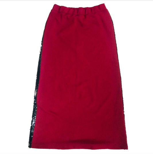 Jupe Burgundy Stretch Elasticated Waist Midi Skirt Black Sequin Side Size 38 (UK 10)
