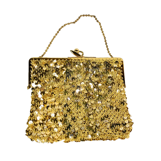 Vintage Clutch Purse Gold Sequinned Clasp Bag With Strap Retro Fashion Glamour