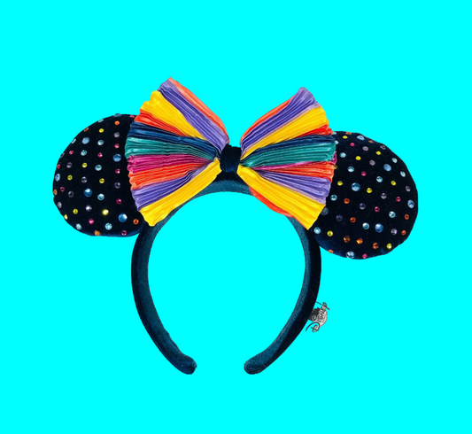 Disney Parks Rainbow Pride Navy Felt Studded Headband Minnie Mouse Ears Striped