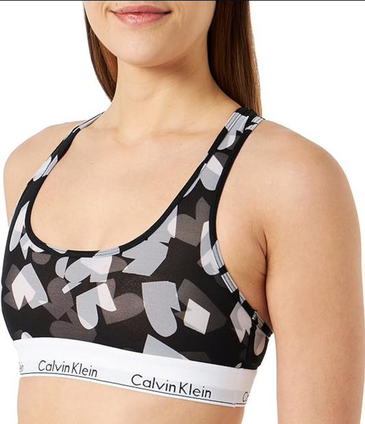 Calvin Klein Modern Cotton Stretch Unlined Bralette Hearts Print Black White XS