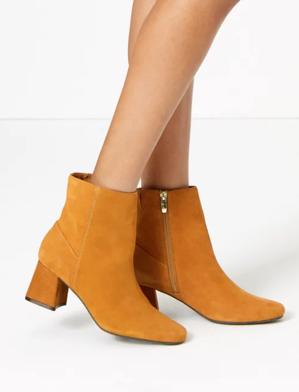 M&S Insolia Block Heel Tan Mustard Faux Suede Ankle Boots Size 5.5 (38.8)