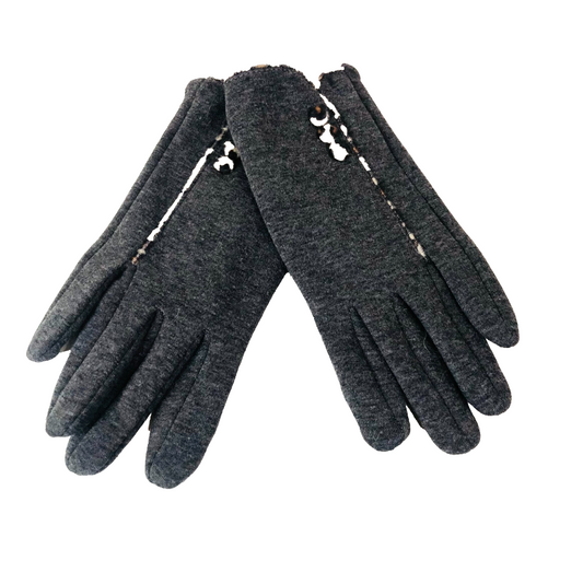 Junction Eighteen Grey & Leopard Print Trim Gloves With Touch Screen Pad NEW