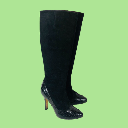 LK Bennett Black Suede Leather With Patent Snakeskin Knee Boots Size 38 (Uk 5)