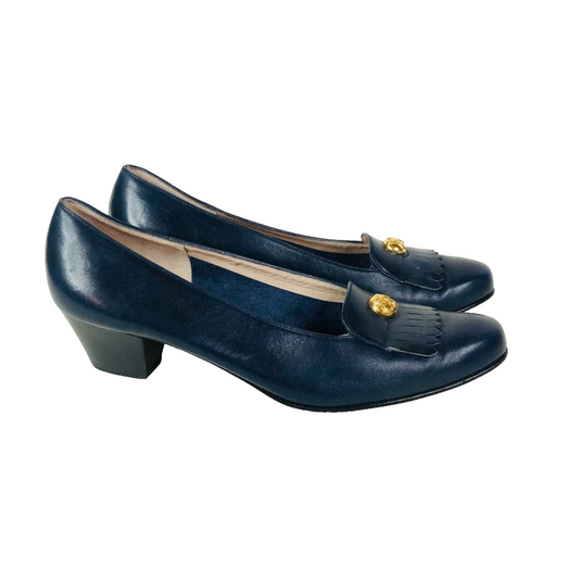Salvatore Ferragamo Italy Navy Blue Logo Penny Loafer Fringe Heels Size 7B (UK 4)