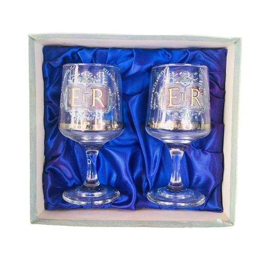 Pair Of Two Vintage Royal Queen Elizabeth II Silver Jubilee Glasses Boxed 1977