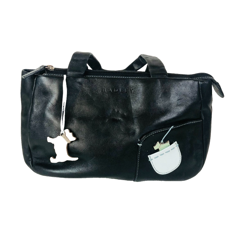 Radley London Black Leather Handbag With Stitch Detailing & 2 Dog Charms