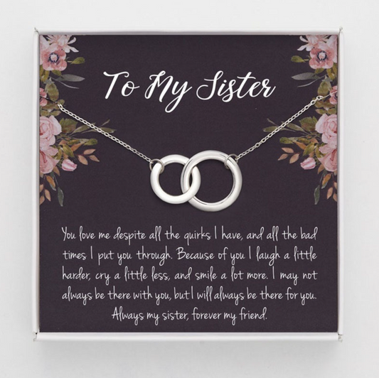 Sister Gift Necklace Interlocking Rings Silver Chain Gift Box With Message