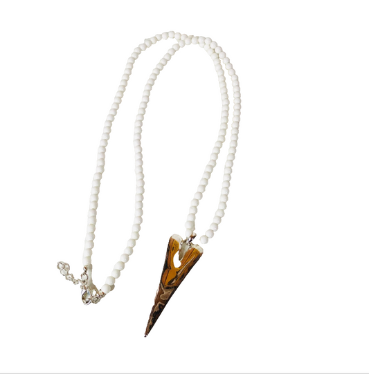 Retro White Beaded Long Metal Horn Claw Pendant Necklace 19 Inch