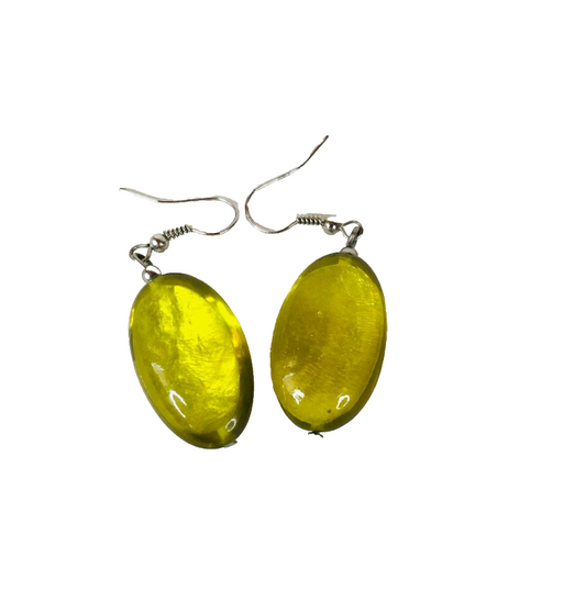 Retro Yellow/ Green/ Olive Oval Drop Earrings – Glass Beads with Silver Hooks