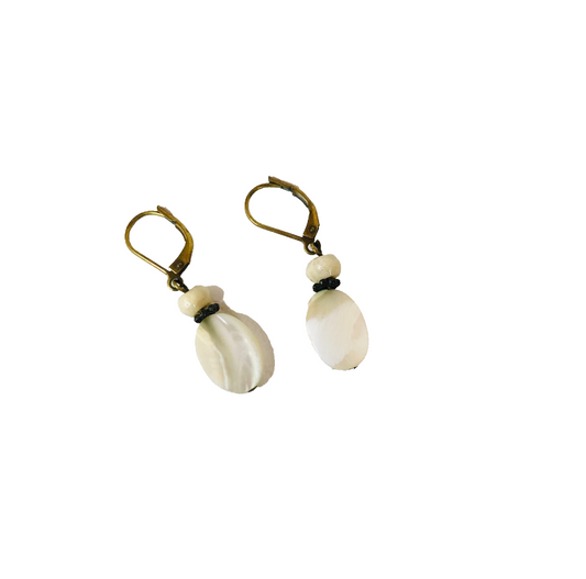 Vintage-Style Mother of Pearl Drop Earrings with Brass Leverbacks