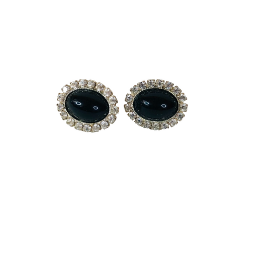 Vintage 1960s Faux Sapphire & Diamanté Oval Stud Earrings – Retro Glam