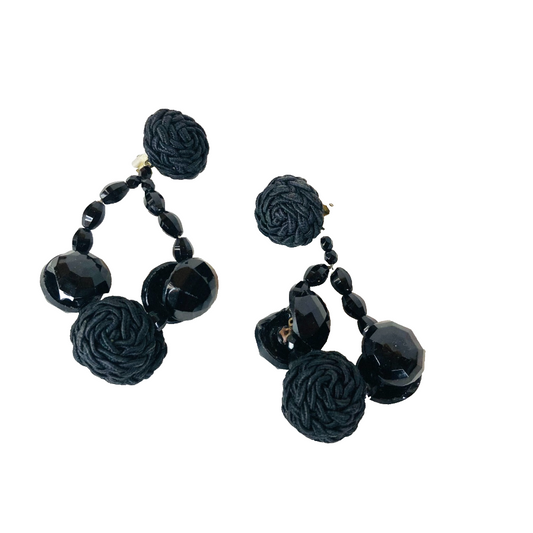 Vintage 1950s Black Beaded Clip-On Statement Earrings – Retro Cocktail Glam