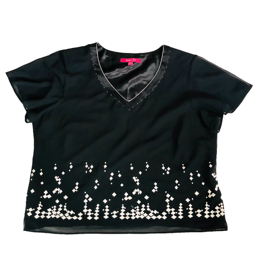 Jacques Vert Black & White Chiffon Short Sleeve Blouse Evening Top Size UK 18