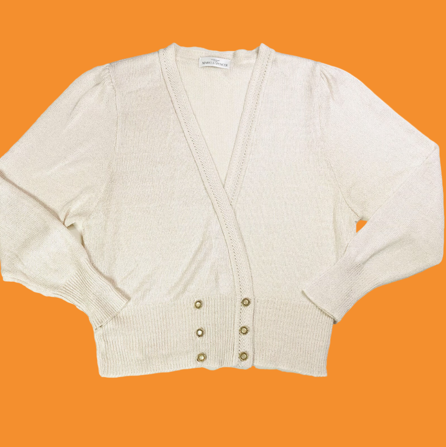 St Michaels by Marks & Spencer Vintage Cream Knit Cardigan Gold Buttons Size 16