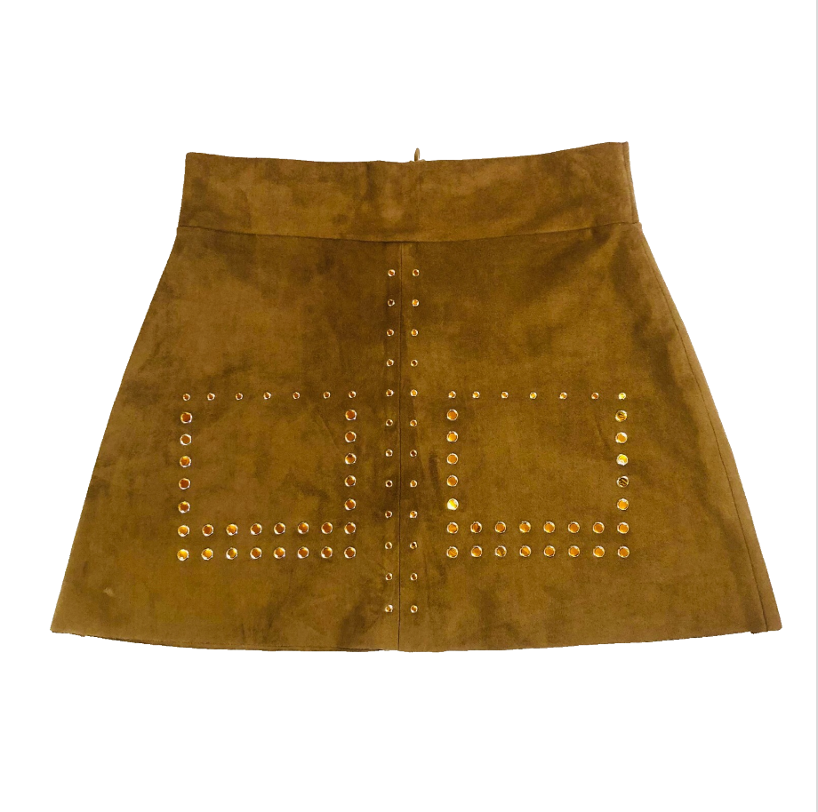 Zara Tan Faux Suede 1970's Style A-Line Mini Skirt Stud Detail Size Medium