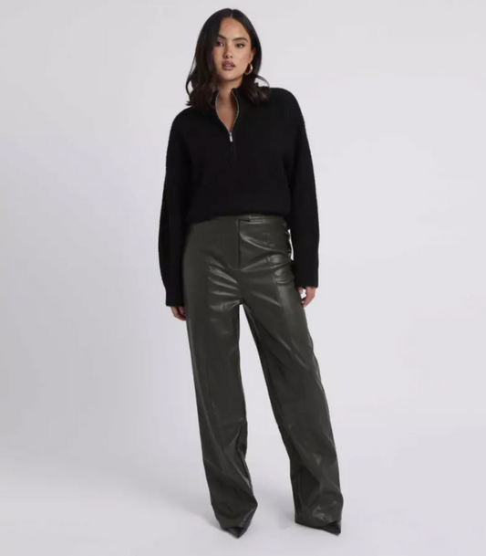 Urban Bliss Dark Khaki Green Faux Leather PU Wide Leg Trousers Size 10 NEW