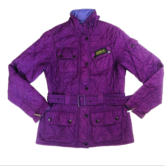 Barbour International Flyweight Purple Quilted Belted Classic Jacket Size UK 8