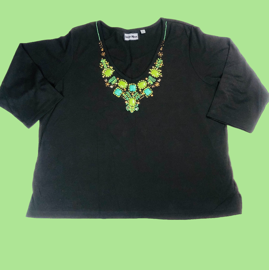 Indigo Moon Ladies Black 3/4 Sleeve Top With Green Beaded Neckline Size 3XL
