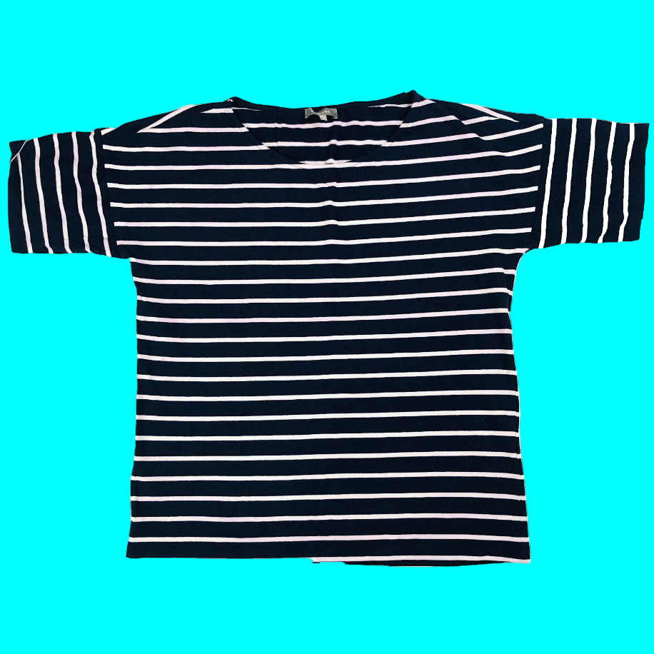 Jaeger Navy Blue Breton Striped Short Sleeved Cotton Casual Top T-Shirt Size XS