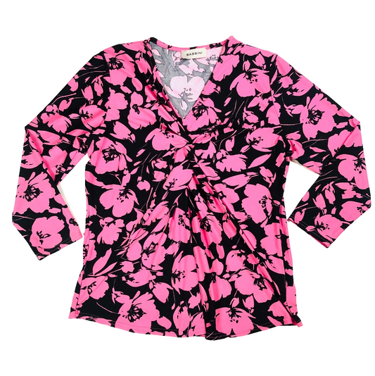 Bassini Black & Pink Floral 3/4 Sleeve Knot Front Blouse Top Size UK 14