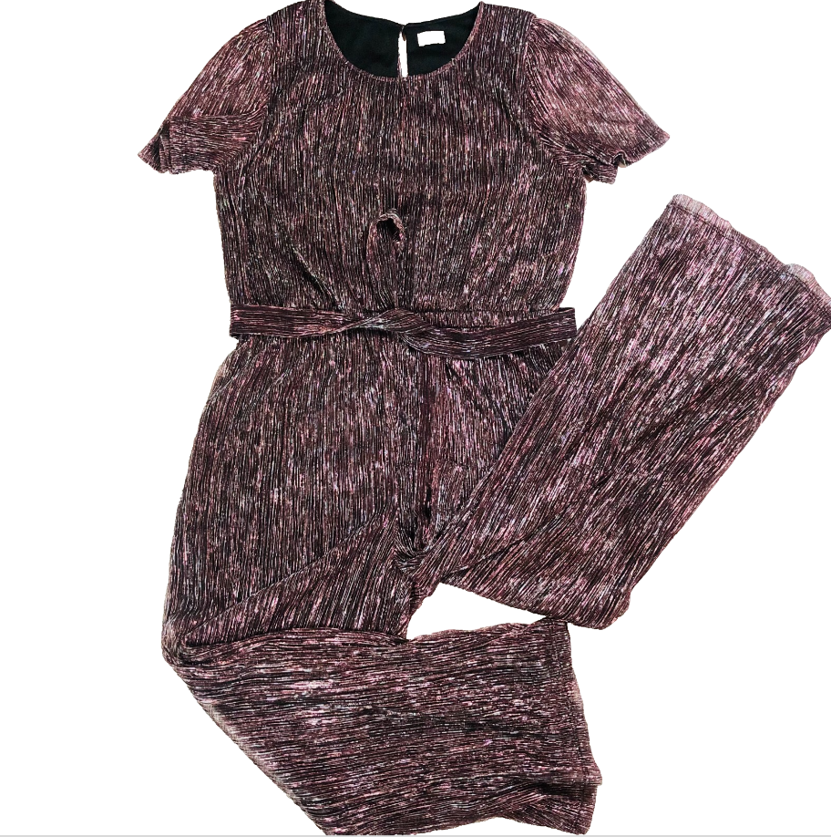 F&F Girls Pink Metallic Wide Leg Plisse Short Sleeve Jumpsuit Size 12-13 Years