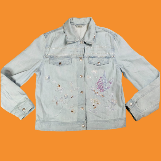 Together Y2K Light Wash Embellished Denim Jacket Beaded Butterfly Detail Size 12