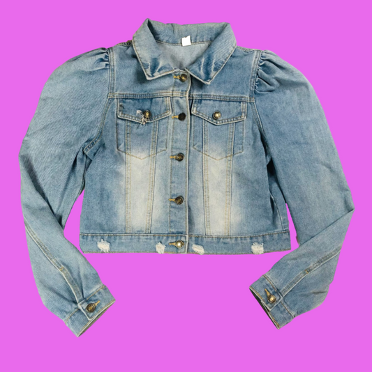 Ladies Light Blue Princess Puff Sleeve Distressed Crop Denim Jacket – Size Medium