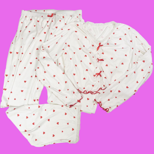 Ladies White & Red Love Heart Lightweight Two Piece Pyjama Set Size XL (UK 14)