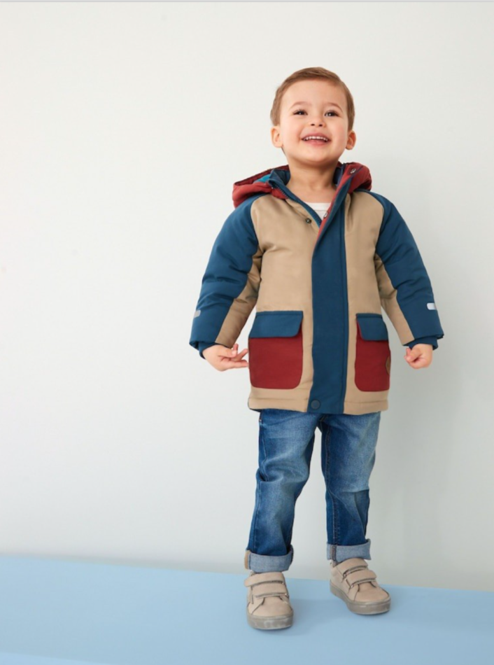 Next Boys Blue Red Beige Colourblock Shower Resistant Padded Parka Coat Age 1.5-2 Years