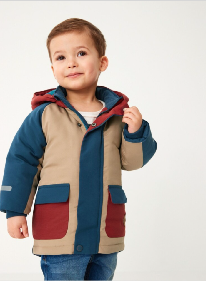 Next Boys Blue Red Beige Colourblock Shower Resistant Padded Parka Coat Age 1.5-2 Years